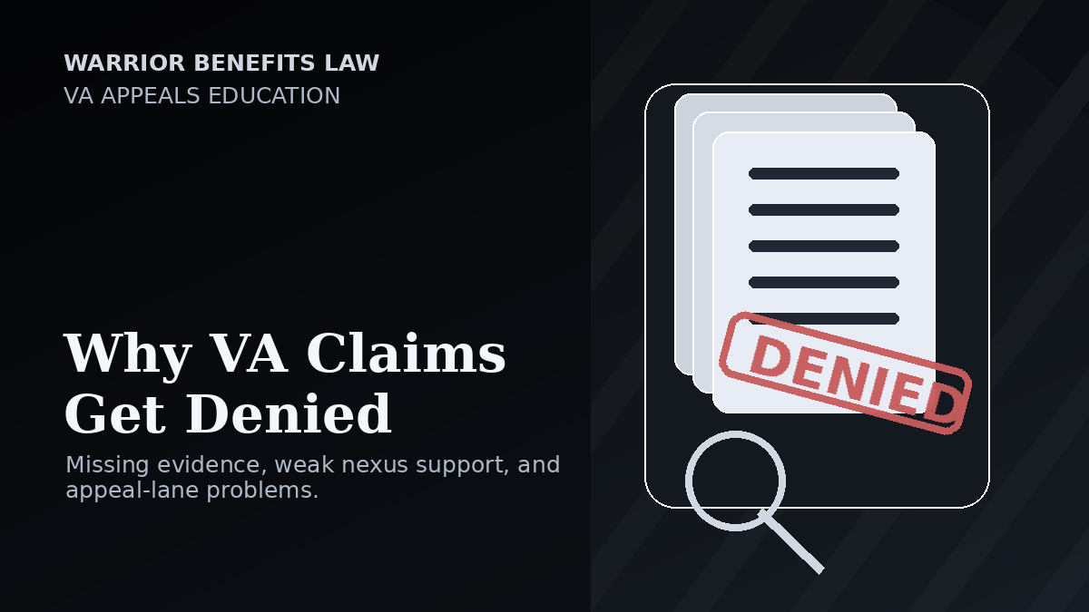 Illustration of a denied VA claim document being reviewed with a magnifying glass.